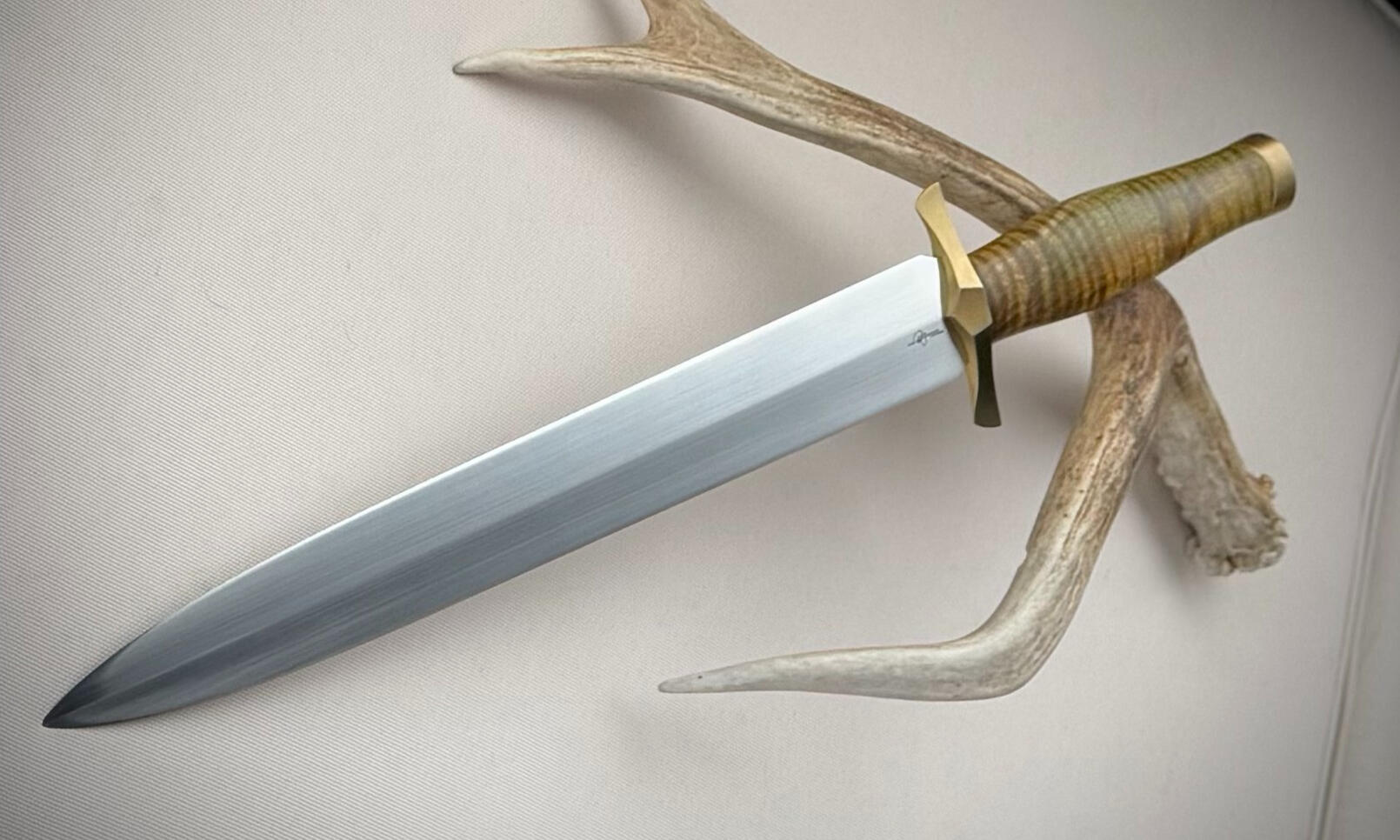 CSF DAGGER 1075 high carbon steel, Double Flat Grind, Stabilized + Dyed Curly Maple Handle with Brass Guard and Pommel - $800